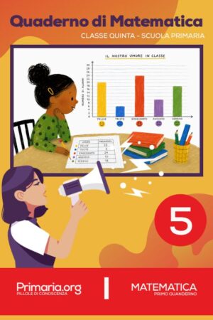 Copertina del quaderno di matematica per la classe quinta della scuola primaria, con illustrazione di un'indagine statistica sulle emozioni in classe